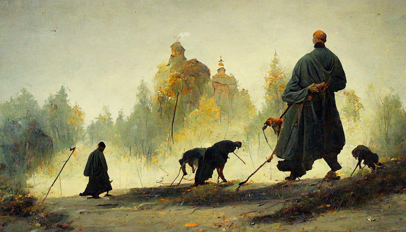 A Monk walks in the wilderness with his dogs